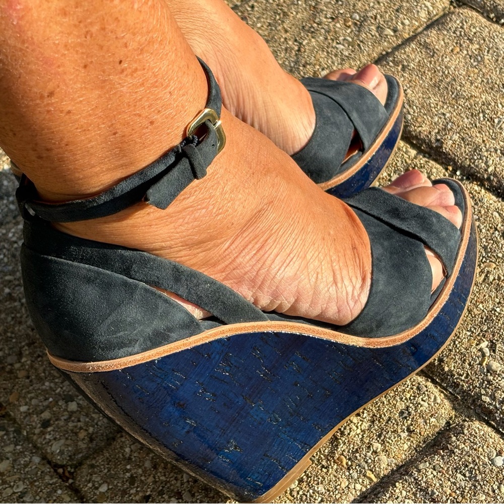 Unique Cobalt Blue Buckle Ankle Strap Strappy Suede Wooden Wedge Platform Heels